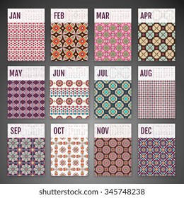 Calendario 2016. Elementos decorativos de época. Tarjetas de visita floral ornamentales, patrón oriental, ilustración vectorial.  Islam, árabe, indio, turco, pakistán, motivos chinos, otomanos