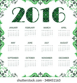 Calendar 2016. Vintage decorative elements. Oriental pattern, vector illustration. Islam, Arabic, Indian, turkish, pakistan, chinese, ottoman motifs