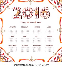 Calendar 2016. Vintage decorative elements. Oriental pattern, vector illustration. Islam, Arabic, Indian, turkish, pakistan, chinese, ottoman motifs