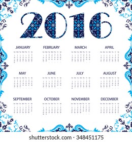 Calendar 2016. Vintage decorative elements. Oriental pattern, vector illustration. Islam, Arabic, Indian, turkish, pakistan, chinese, ottoman motifs