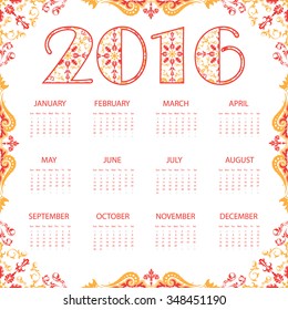 Calendar 2016. Vintage decorative elements. Oriental pattern, vector illustration. Islam, Arabic, Indian, turkish, pakistan, chinese, ottoman motifs