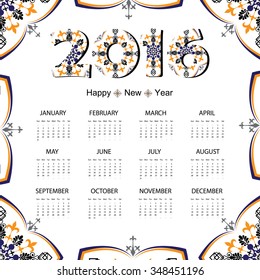 Calendar 2016. Vintage decorative elements. Oriental pattern, vector illustration. Islam, Arabic, Indian, turkish, pakistan, chinese, ottoman motifs