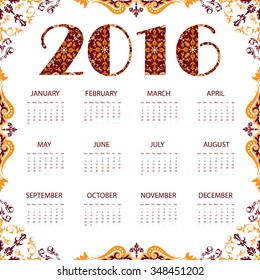 Calendar 2016. Vintage decorative elements. Oriental pattern, vector illustration. Islam, Arabic, Indian, turkish, pakistan, chinese, ottoman motifs