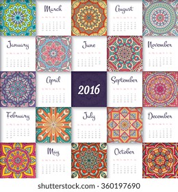 Calendar 2016. Vintage decorative elements.  Islam, Arabic, Indian, turkish, pakistan, chinese, ottoman motifs