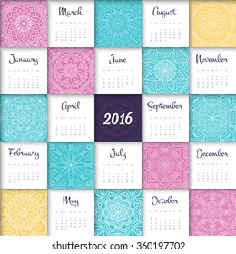 Calendar 2016. Vintage decorative elements.  Islam, Arabic, Indian, turkish, pakistan, chinese, ottoman motifs