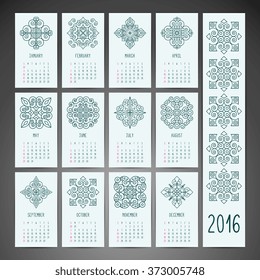 Calendar 2016. Vintage decorative elements. Ornamental floral business cards, oriental pattern, vector illustration.  Islam, Arabic, Indian, turkish, pakistan, chinese, moroccan, ottoman motifs