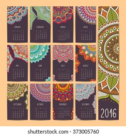 Calendar 2016. Vintage decorative elements. Ornamental floral business cards, oriental pattern, vector illustration.  Islam, Arabic, Indian, turkish, pakistan, chinese, moroccan, ottoman motifs