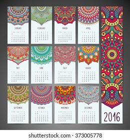 Calendar 2016. Vintage decorative elements. Ornamental floral business cards, oriental pattern, vector illustration.  Islam, Arabic, Indian, turkish, pakistan, chinese, moroccan, ottoman motifs