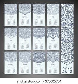 Calendar 2016. Vintage decorative elements. Ornamental floral business cards, oriental pattern, vector illustration.  Islam, Arabic, Indian, turkish, pakistan, chinese, moroccan, ottoman motifs