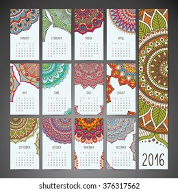 Calendar 2016. Vintage decorative elements. Mandalas
