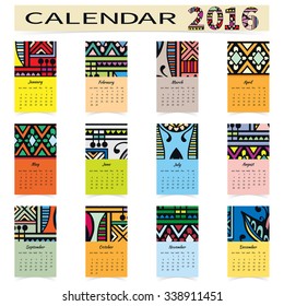 Calendar 2016. Vintage hand drawn decorative elements, tribal ethnic ornament. Vector abstract graphic patterns collection. 