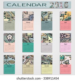 Calendar 2016. Vintage hand drawn decorative elements, tribal ethnic ornament. Vector abstract graphic patterns collection. 