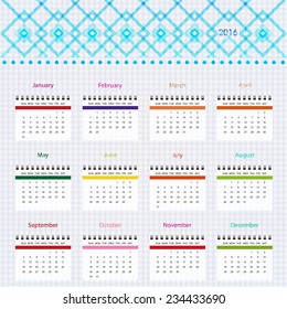 Calendar 2016 Week starting from sunday