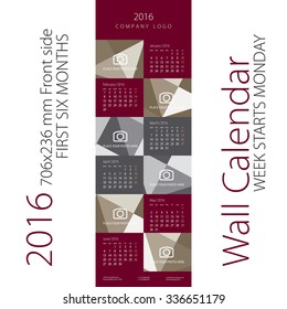 Calendar 2016 Week starts Monday Maroon Gray Background Front