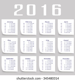 Calendar for 2016 . Week Starts Monday. Simple Vector Template