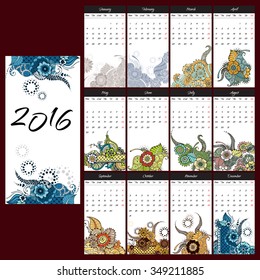 Calendar for 2016.  Week Starts Monday. Vector Template.