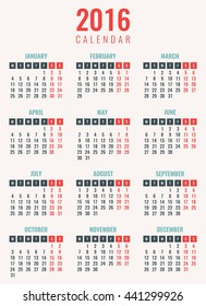 Calendar for 2016. Week Starts Monday. Simple Vector Template