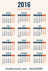 Calendar for 2016. Week Starts Monday. Simple Vector Template