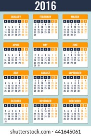 Calendar for 2016. Week Starts Monday. Simple Vector Template