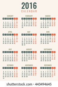 Calendar for 2016. Week Starts Monday. Simple Vector Template