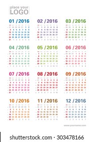 Calendar 2016 - week starts on sunday, editable A4 portrait, with place for your logo and site