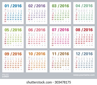 Calendar 2016 - week starts on sunday, numbers of weeks, place for your logo and site