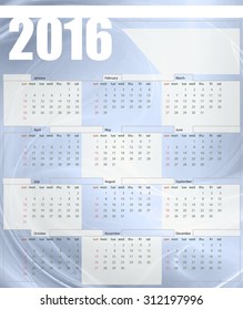 Calendar 2016, week starts on Sunday, vector illustration