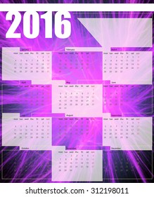 Calendar 2016, week starts on Monday, vector illustration