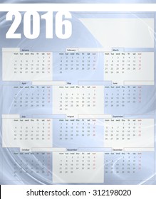 Calendar 2016, week starts on Monday, vector illustration