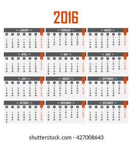 Calendar for 2016. Week starts on Monday.