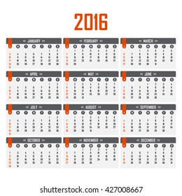 Calendar for 2016. Week starts on Sunday.  