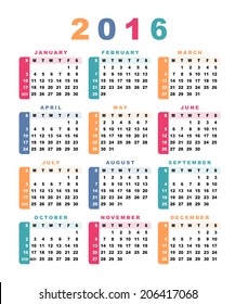 Calendar 2016 (week starts with sunday). Vector illustration.