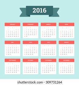 Calendar 2016. Week starts from Sunday. Vector flat design template, ready to print