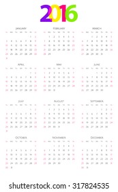 Calendar 2016. Week starts sunday. Vector.
