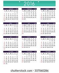 Calendar for 2016. Week Starts Sunday. Clean and Simple Vector Template