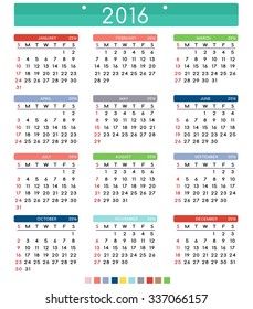  Calendar for 2016. Week Starts Sunday. Clean and Simple Vector Template with pan tone color palette