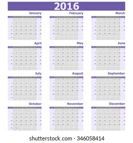 Calendar 2016 week starts from Sunday, stock vector