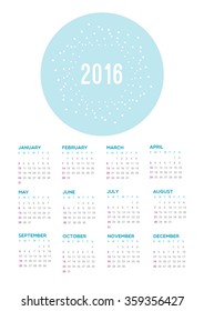 Calendar 2016. Week starts from Sunday.