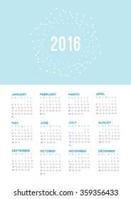 Calendar 2016. Week starts from Sunday.