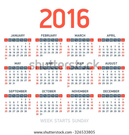 Calendar 2016. Week starts Sunday.