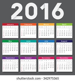 Calendar 2016. Week starts from Sunday.Vector eps10