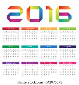 Calendar 2016. Week starts from Sunday.Vector eps10