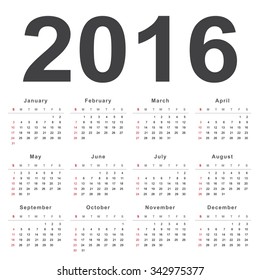 Calendar 2016. Week starts from Sunday.Vector eps10