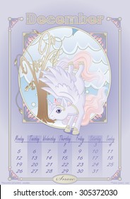 Calendar 2016 with winged unicorns: December