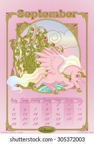 Calendar 2016 with winged unicorns: September