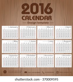 Calendar 2016 Wooden engraving background texture design template with Set of 12 Months  Can be used for office object, new year,company,business,holiday or plan vector illustration