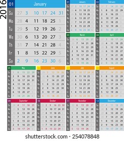 calendar for the 2016 year