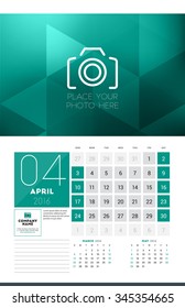 Calendar for 2016 Year. April. Vector Design Clean Template with Modern Abstract Background, Logo and Place for Notes. Week Starts Sunday. Current, Previous and Next Months on the Page