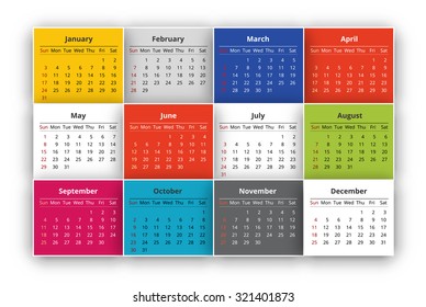 Calendar 2016 year colored squares  vector design template.