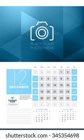 Calendar for 2016 Year. December. Vector Design Clean Template with Modern Abstract Background, Logo and Place for Notes. Week Starts Sunday. Current, Previous and Next Months on the Page